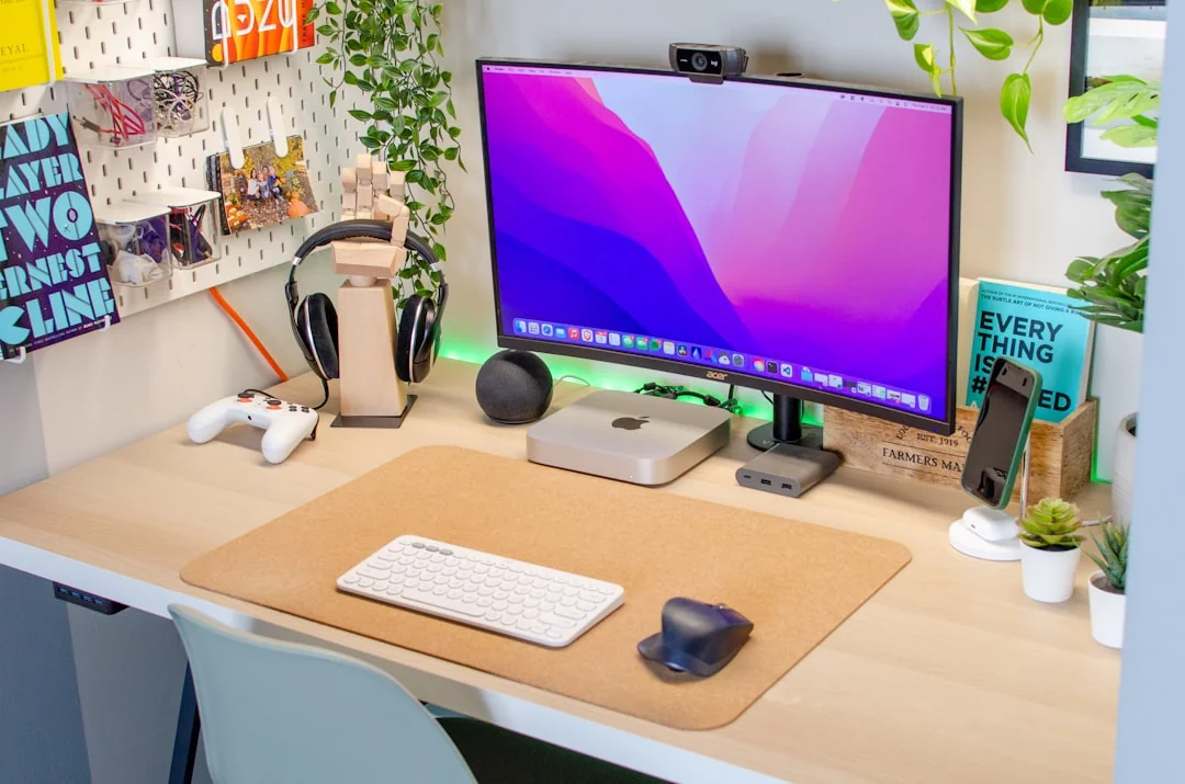 A contemporary workspace with two computer monitors showing web design projects, highlighting technology and productivity.